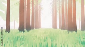 walking in the forest loop animation, cartoon style, with views of trees, grasslands, with bright lights