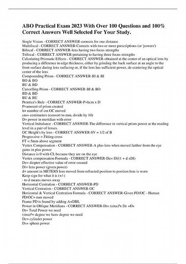 ABO Practical Exam 2025 With Over 100 Questions and 100% Correct Answers Well Selected For Your Stud