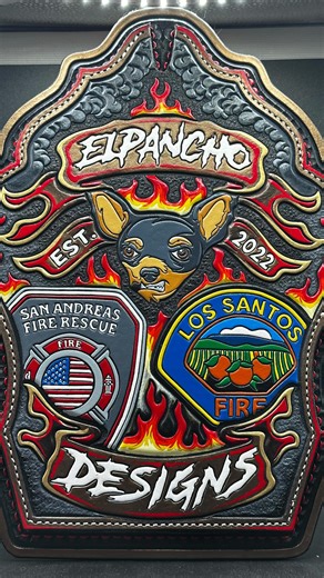 NAME ANOTHER SHIELD MAKER MAKING SHIELDS FOR GTA. 😂 This is a first! @elpancho_designs has used some of our work for inspiration in his #grandtheftauto online fire department mods. These mods give players who want to role play as firemen in the game a more realistic experience. Given the digital inspiration, El Pancho wanted some of our actual leather art to hang in his studio! Stay safe in the #lossantos streets, heard it’s wild out there! 😂 #leatherwork #leathercraft #handpainted | Fitzwater
