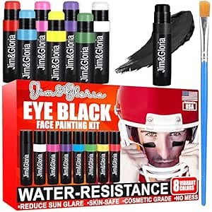 Jim&Gloria Water Resistant Eye Black, Anti-Glare Sports Face Paint Stick, EyeBlack for Softball, Baseball, Football Drip & Game Day Black Eye Makeup, Athletes Accessories Gift 8 Colors