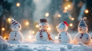 A group of snowmen standing together in a snowy landscape, Group of snowmen playing in a heavy snowfall