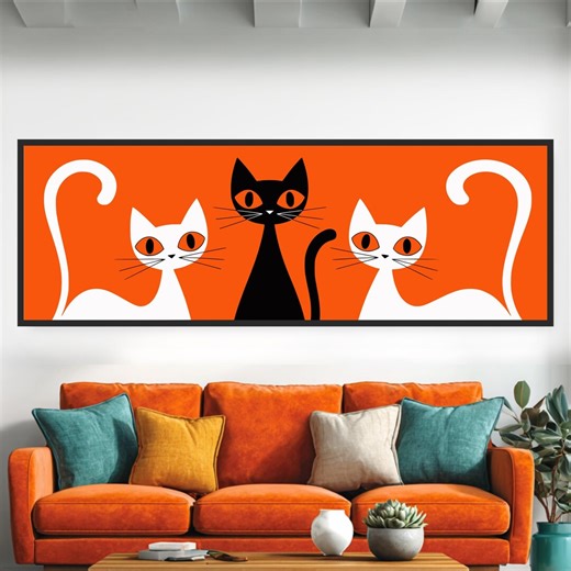 Atomic Age Cats Panoramic Wall Art, Mid-century Modern Decor, Large Wide Vintage 50s Feline Print, Retro Silkscreen Bold Orange Black White - Etsy