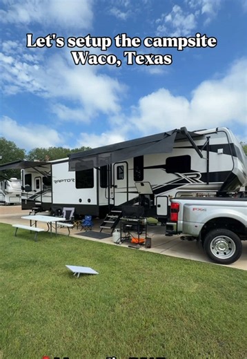 Let’s setup the campsite in Waco, Texas!! #rvlife #rvtiktok #camperlife #campingseason #fulltimervliving