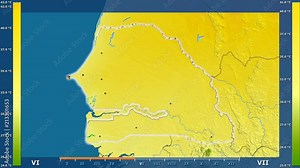 Maximum temperature by month in the Senegal area with animated legend - glowing shape, administrative borders, main cities, capital. Stereographic projection
