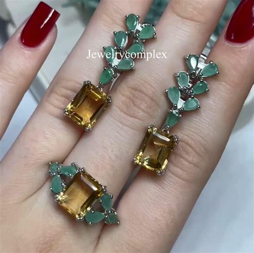 Wedding Ring, Natural Citrine Gemstone Ring, Zambain Emerald Earring, 925 Sterling Silver Jewelry Set