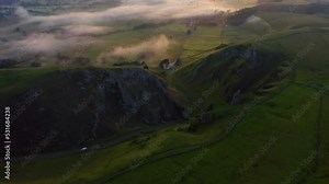 Drone view, Winnats Pass, Peak District National Park, Derbyshire, England. Peak District National Park - aerial view over Winnats Pass. Winnats pass road. Hope Valley, Derbyshire, England, UK, Europe