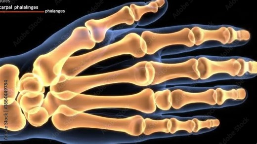 A medical video showcasing a detailed X-ray of a human hand with visible bones and joints on a black background.