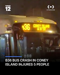 BUS CRASH: Officials say five people suffered minor injuries when a B36 bus in Coney Island crashed into the back of an elevated platform being hauled by a big rig, ramming its front window into the structure. All five were taken to the hospital. READ MORE: https://bit.ly/46Z58g3 | News 12 Brooklyn