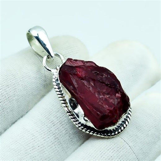 Red Garnet Raw Stone Pendant, 925 Sterling Silver, Boho Healing Crystal