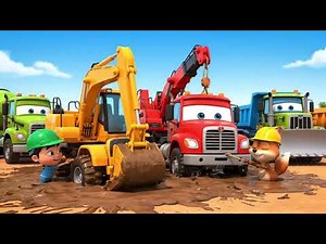 Rescue the Stuck Trucks! | 3D Cartoon Construction Vehicles for Kids