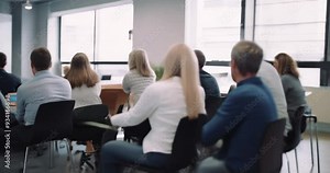 business training seminar education lecture staff meeting or workshop motion, abstract people group siting in auditorium learning listening to presentation