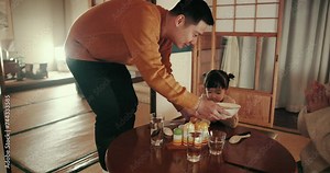 Japanese family, dinner table and meal for eating together, conversation and bonding for relationship. People, love and communication or healthy food for nutrition, relax and happy or hungry at home