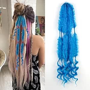 Boho Dreadlocks extension Synthetic Double Ends Dreadlocks with Curly Ended, 20 inches 5 Strands Fish-Bone Braids, Handmade Soft DE Dread Locks Extensions Wigs for Women Blue