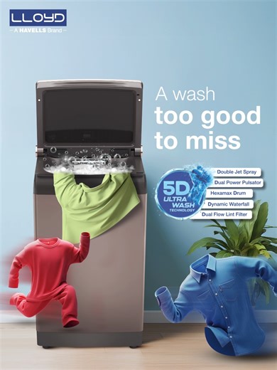 When washing feels this fresh and flawless, even your clothes look forward to it. 5D Ultra Wash delivers unmatched deep cleaning for the life your fabrics deserve. Buy now - https://havells.com/lloyd/home-appliances/washing-machines/fully-automatic-top-load-novante-iot-85-kg-glwt855n12cb.html #KhayaalJoGharKoGharBanaye #Lloyd #LloydNovante | My Lloyd