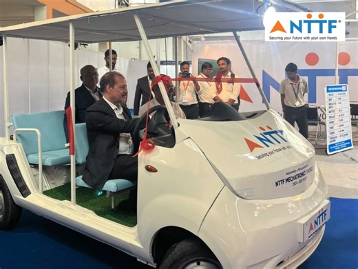 NTTF on Instagram: "NTTF is proud to present a standout innovation at the Tooling Expo Pune 2025, a fully functional Golf Cart EV, developed by second-year Mechatronics trainees of the NTTF Pune Training Centre (PNTC). This remarkable project showcases sustainable engineering at its best, with students converting a Tata Nano IC engine vehicle into a complete Electric Vehicle through hands-on learning and creative problem-solving. The EV was inaugurated by Mr. Ravi Tennety, Managing Director, NTT