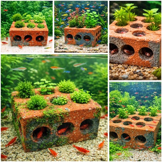 Aquarium Planter Brick With Shrimp Cave | Aquatic Planter Pot | Shrimp Hideout With Plant Holes | Natural Aquarium Decor - Etsy