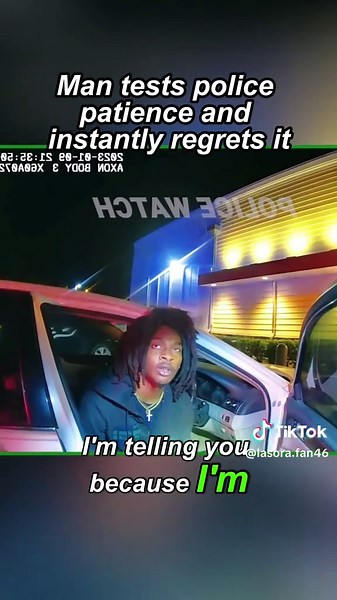 The transcript depicts a tense interaction between a police officer and a driver during a traffic stop. The officer repeatedly instructs the driver to return to the car, while the driver insists on going inside for food, leading to a confrontation. The officer searches the vehicle, finding drug paraphernalia and a firearm, and charges the driver with resisting arrest and possession of illegal items. The situation escalates as the officer explains the legal consequences and the rationale behind t