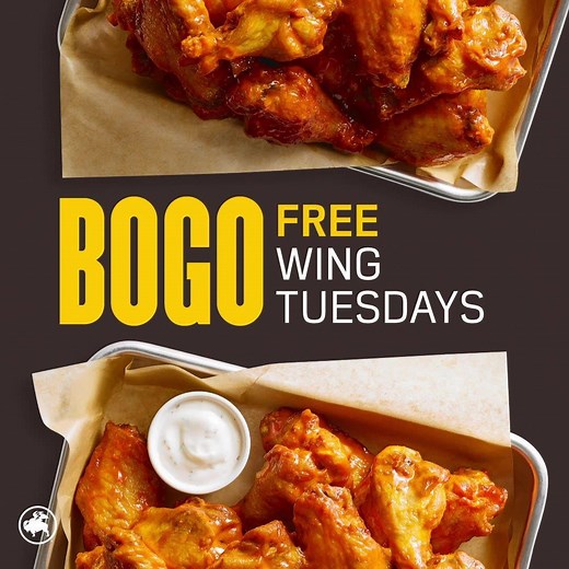Get more, win more on Wing Tuesdays. With Buy One, Get One Free Traditional Wings from the Win-Win Value Lineup. Buy one, get one of equal value free on Tuesdays at participating locations. Not valid with other offers. Size exclusions may apply. While supplies last. Limit one. Delivery & takeout available for a limited time. Delivery offer only valid on BWW's website/app and is subject to availability; fees may apply. Taxes extra. | Buffalo Wild Wings