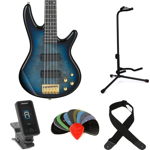 Ibanez Gio GSR205PC 5-string Bass Guitar Essentials Bundle - Transparent Marine Burst
