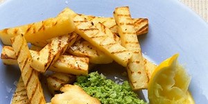 Oven-roast cod and chips with pea purée