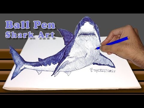 Incredible Shark Drawing Using Only a Blue Pen | Ball Pen Art.