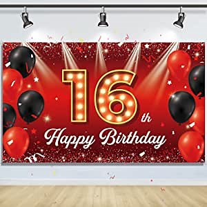 16th Birthday Backdrop Banner, Happy 16th Birthday Decorations for Boys Girls, Sixteen Birthday Photo Booth Props Background, Black Red 16 Birthday Party Yard Sign Decor, Fabric, 6.1ft x 3.6ft PHXEY
