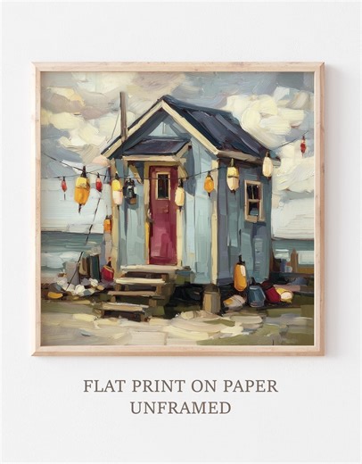 Fishing Shack Oil Print New England Coast Painting Colorful Buoys Art Fishing Cabin Wall Decor - Etsy