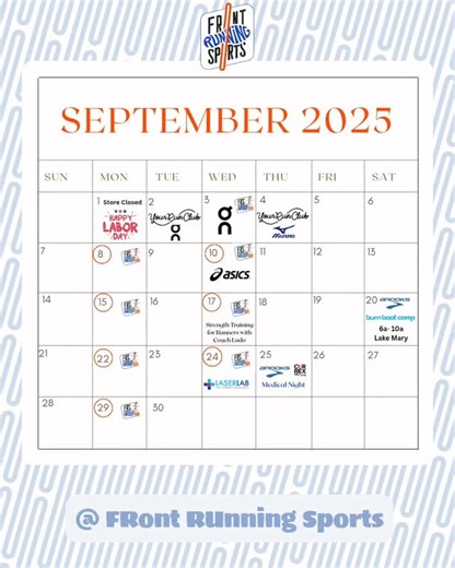 🍂✨ September is packed with fun at Front Running Sports! ✨🍂 From demo runs with your favorite brands 👟 to strength training for runners, medical night, and group runs — we’ve got something for every runner & walker this month. 📅 Save the dates and join us: ✅ Weekly Group Runs ✅ On, Asics, Mizuno & Brooks Demo Runs ✅ Strength Training for Runners with @coachludofitness ✅ @burnbootcamplakemaryfl x Brooks Event ✅ Medical Night with Brooks Currex ✅️ Recovery night with @laserlabheathrow Bring a 