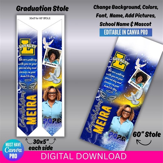Graduation Stole Canva Editable Template, Memorial Grad Stole, (Class Of 2026), DIY Sash (Digital Download)