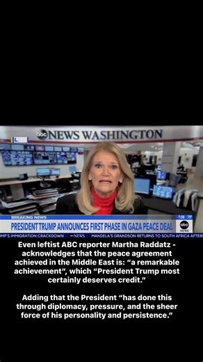 21K views · 829 reactions | Even leftist ABC reporter Martha Raddatz - acknowledges that the peace agreement achieved in the Middle East is: “a remarkable achievement”, which “President Trump most certainly deserves credit.” Adding that the President “has done this through diplomacy, pressure, and the sheer force of his personality and persistence.” | The Conservative Read | Facebook