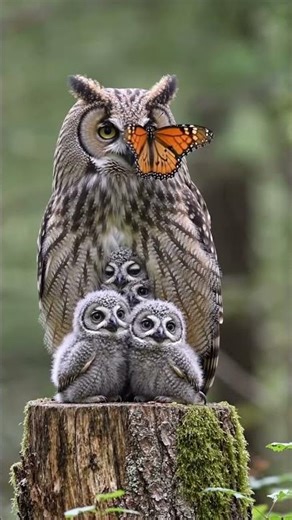 Adorable Owl Family Meets Butterfly! Cute Baby Owls on Stump #owl ‪@NatureStalker_‬