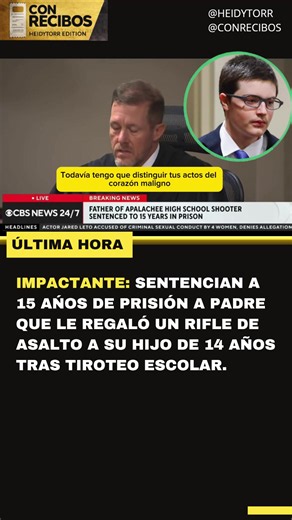 🚨 Colin Gray le regaló un rifle de asalto a su hijo de 14 años en Navidad — meses después de que la policía había ido a su casa porque el adolescente había amenazado con tirotear una escuela primaria. El hijo usó esa arma para matar a dos estudiantes y dos maestros, e hirió a nueve personas más en la Secundaria Apalachee en 2024. El padre fue sentenciado a 15 años de prisión por homicidio en segundo grado y homicidio involuntario. El juez fue claro: falló en conseguirle ayuda psicológica a su h