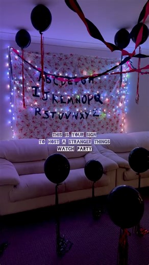 Despina Notaras on Instagram: "This is your sign to host a Stranger Things watch party! Black vines, demagorgons, Rightside Up & Upside Down gingerbread house, balloons and just the right amount of tinsel! Welcome to our Stranger Things series finale watch party! A huge thank you to @spotlightstores for always being my go-to for craft, party and fabric supplies! ps…. I believe. 😉 #StrangerThings #SpotlightStores #StrangerThingsWatchParty #UpsideDownHouse #Demogorgon @netflixanz @netflix @jakeco