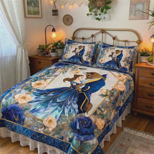 Beauty and the Beast Blue Quilt Belle Rose Bedding Set Fairy Tale Bedroom Decor Royal Blue Comforter Princess Gift Magic Rose Bedspread - Etsy