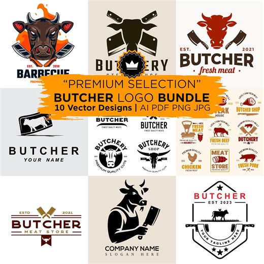 10 Butcher Logo Bundle, Vintage Meat Shop Vector Pack, Editable Files, Butchery Branding Kit, Instant Download - Etsy