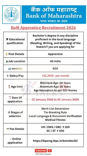 🏦 Bank of Maharashtra Apprentice Recruitment 2026 | 600 Vacancies |Merit Based #jobtalks4u #shorts