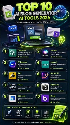 Top 10 AI Blog Generator Tools of 2026 🤖✍️ | Create High-Ranking Content in Minutes #ai