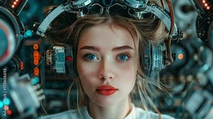 Beautiful technology female cyborg in strange medical science brain experiment setting made with AI