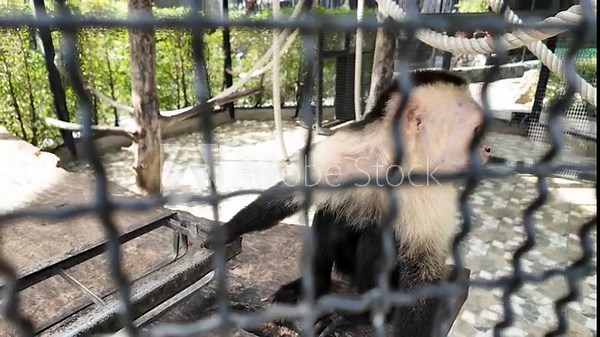 Capuchin monkey behind metal cage outdoor habitat with tree branches and rope swing, primate wildlife showing calm, curious expression and natural