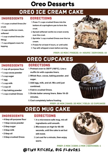 1. Oreo Ice Cream Cake A frozen dessert that’s as easy as it is delicious. A summer essential. Prep: 15 min | Freeze: 4 hours | Servings: 10 Ingredients: • 1½ cups crushed Oreos (for crust) • 3 cups vanilla ice cream, softened • ½ cup crushed Oreos (for filling) • 1 cup whipped cream for topping Instructions: Press 1½ cups crushed Oreos into the bottom of a springform pan to form the crust. Spread softened vanilla ice cream evenly over the crust. Sprinkle ½ cup crushed Oreos over the ice cream. 
