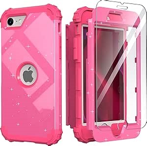 IDweel for iPhone SE 2020 Case with Screen Protector,Case for iPhone SE 2022, Sturdy 3 in 1 Shock Absorption Slim Fit Heavy Duty Hard PC Cover Soft Silicone Bumper Full Body Cover,Glitter Rose Red