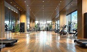Modern Gym Interior Design with Wooden Flooring and Large Windows