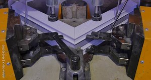 Worker Operating Welding Machine in Factory. Pvc Window Welding Machine. Aluminium Window Frame Press Machine. Worker produces a window from plastic. Industrial press with danger sign close up. Worker