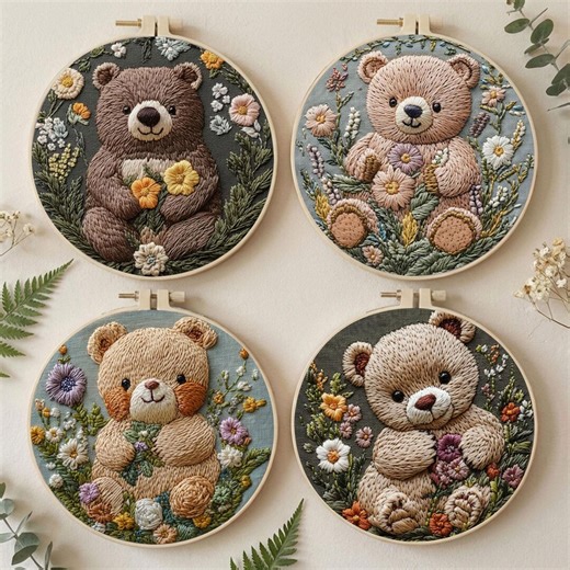 Bear Embroidery Kit for Non-beginner, Intricate Floral Art Kit - Etsy
