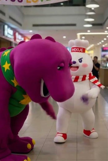 Whoever Wins Gets To Keep “I Love You, You Love Me” Mixue Snowman vs Barney The Dinosaur ￼ 雪王大战巴尼