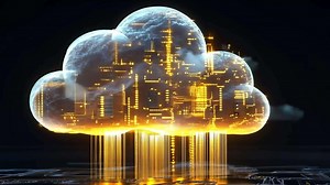 Download A 3D rendering of a cloud with a city inside, lit up in yellow and blue hues, with glowing lines emanating from the bottom. for free