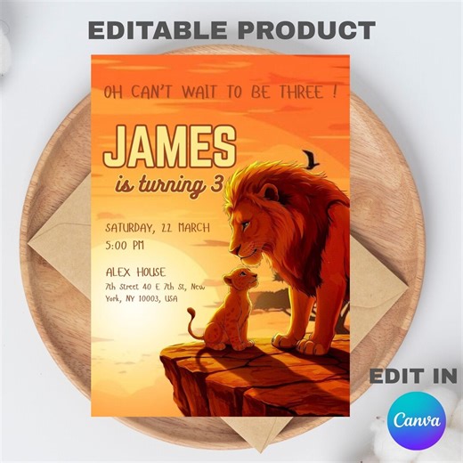 Simba the Lion King Birthday Party Invitation Template, Editable Canva Design (5x7), Digital Download. - Etsy