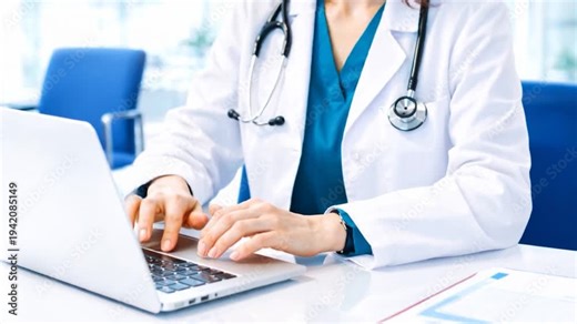 Doctor working on laptop computer on office table.