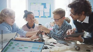 Elementary School Robotics Classroom: Diverse Group of Brilliant Children with Enthusiastic Teacher Building and Programming Robot. Kids Learning Software Design and Creative Robotics Engineering