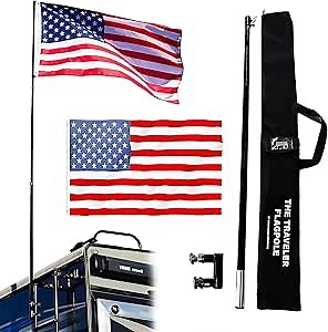 The Traveler RV Ladder Flag Pole Kit. Includes Steel RV Flagpole Mount, Fits Standard 1" RV Ladders, 11ft Fiberglass Retractable Pole, A Beautiful 3'x5' US Flag And A Storage Bag.